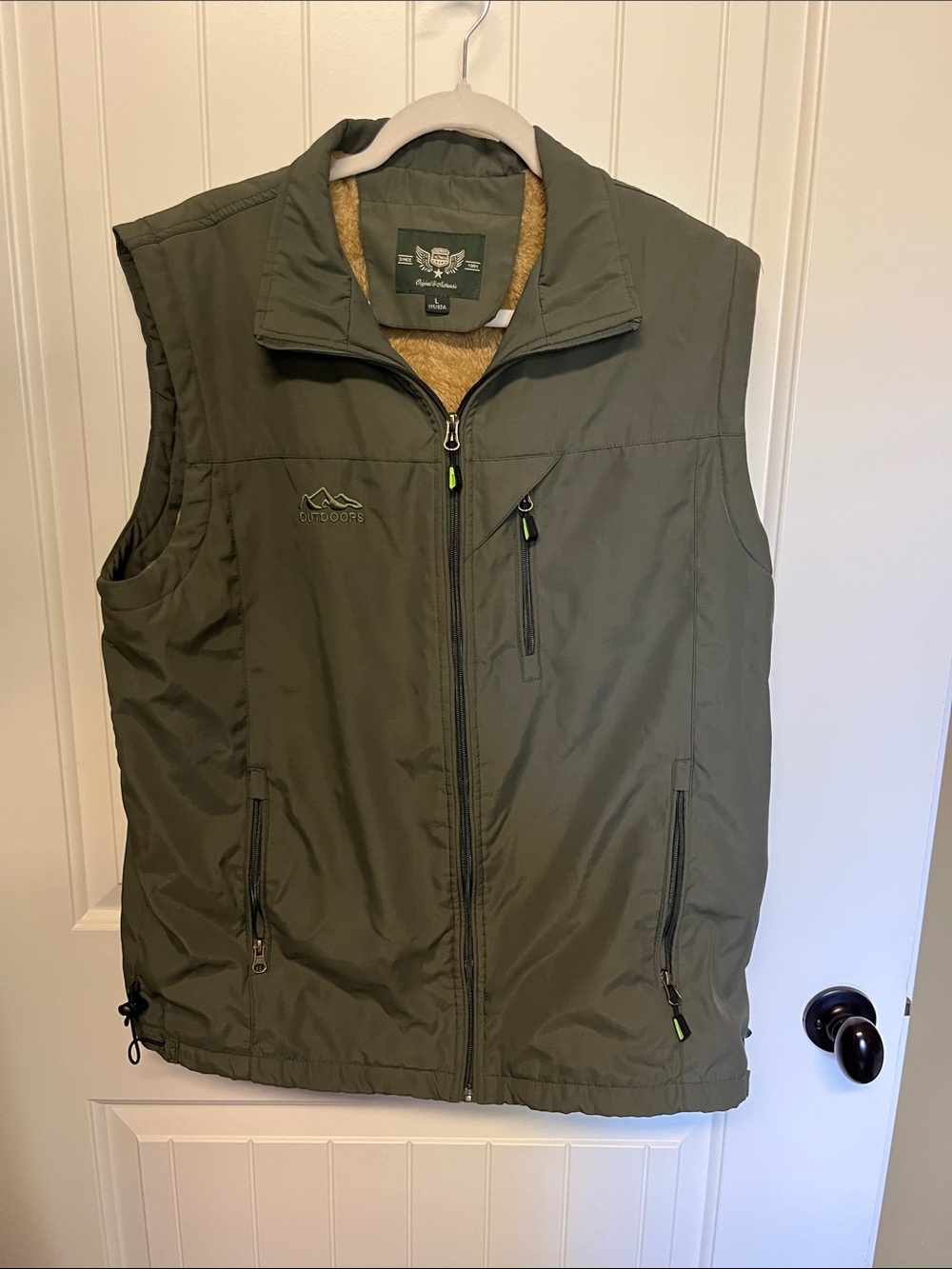 Outdoors Tech Zippered Vest Olive Green Soft Fleece Lining Large